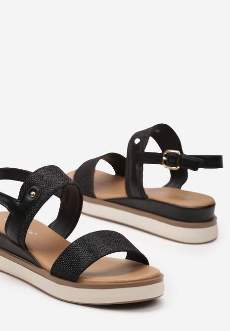 Czarne Brokatowe Płaskie Sandały Zapinane Wokół Kostki na Sprzączkę Bellisara