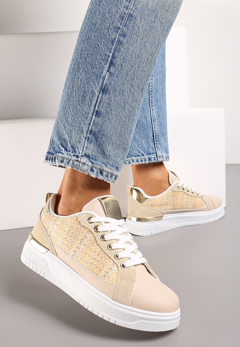 Biało-Beżowe Sneakersy z Przeplataną Wstawką Olimua