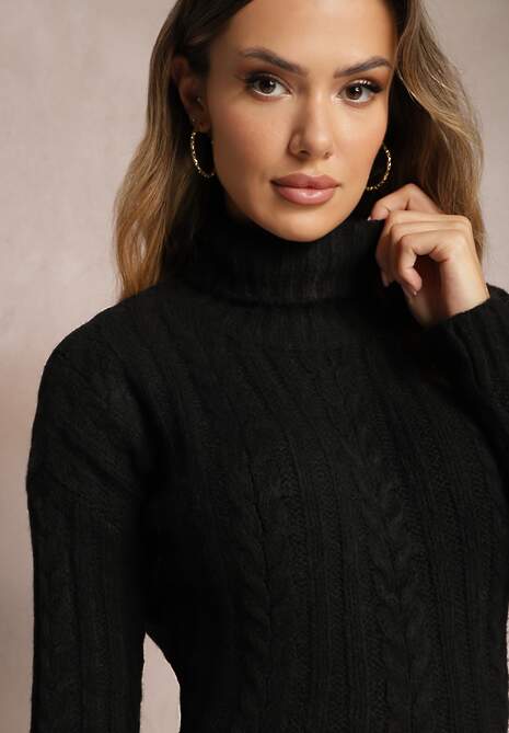 Czarny Golf Dzianinowy w Warkoczykowy Splot Cleva