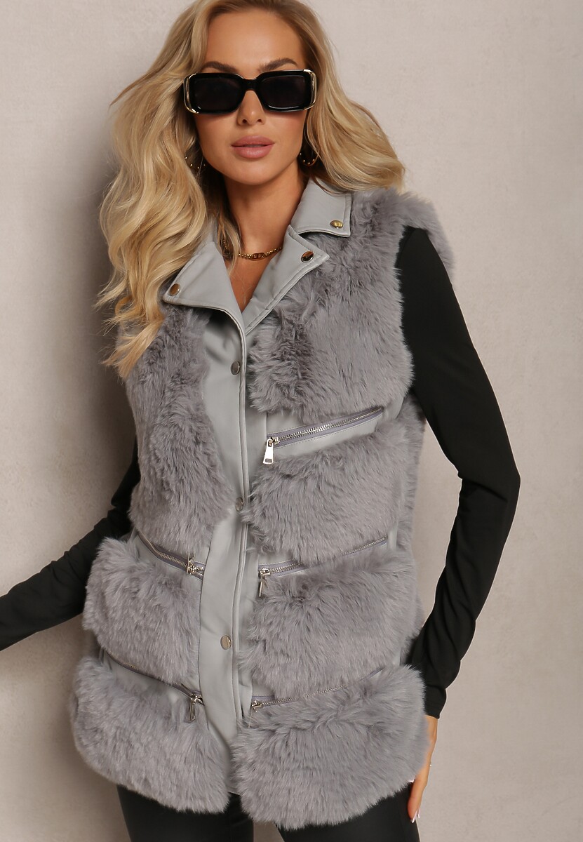 Szara Futrzana Kamizelka z Ozdobnymi Suwakami Sittame