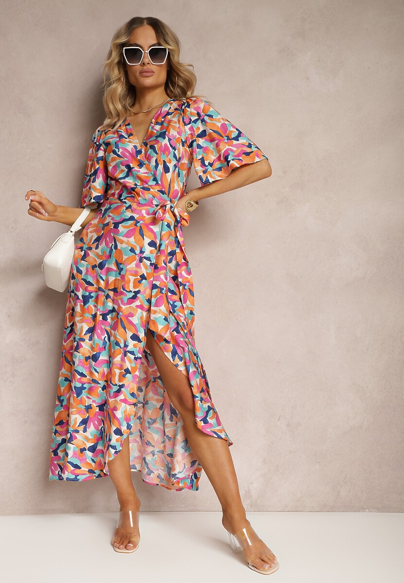 Beżowo-Różowa Sukienka z Kopertowym Dekoltem i Materiałowym Paskiem w Kwiaty Tulpia