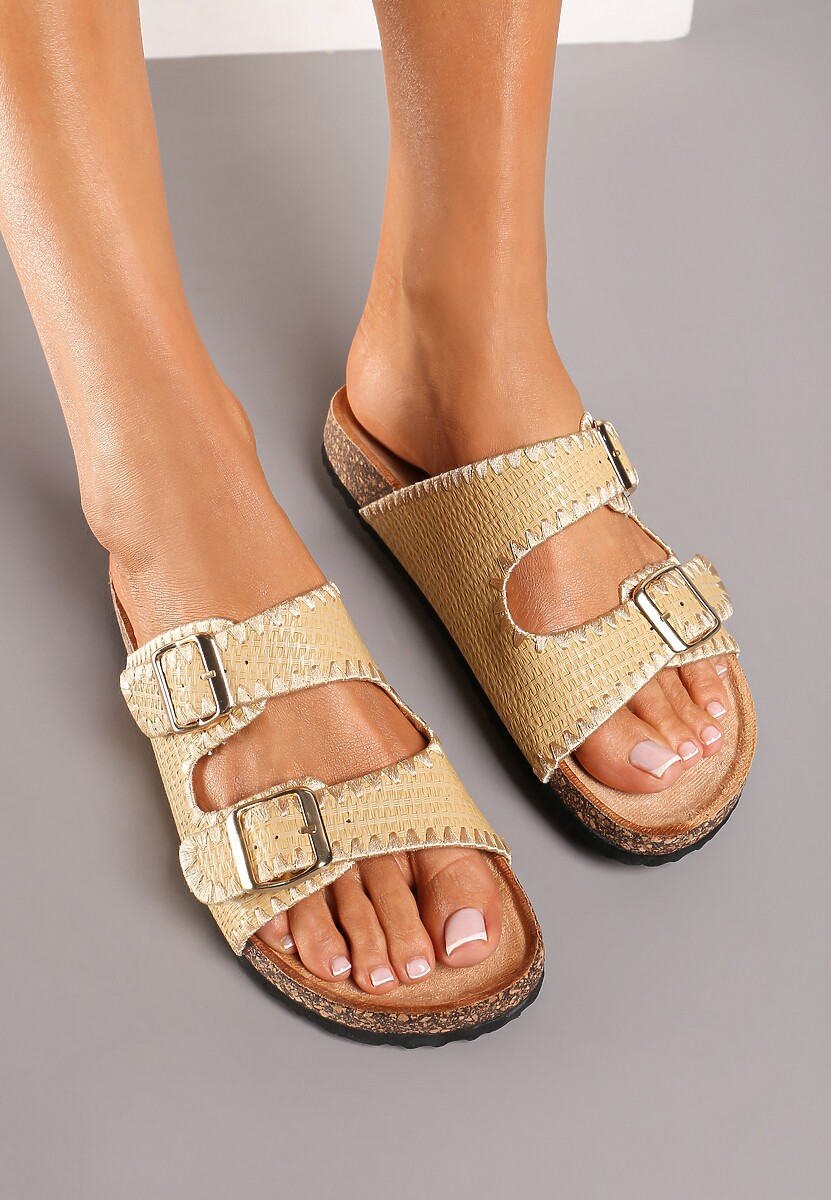 Ciemnobeżowe Klapki na Podeszwie z Korkową Wstawką Sprzączkami i Przeszyciami Nlena