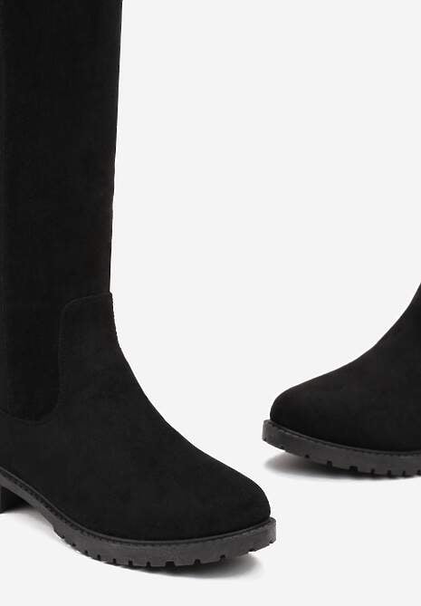 Czarne Kozaki Przed Kolano z Luźną Cholewką i Płaską Podeszwą Prado