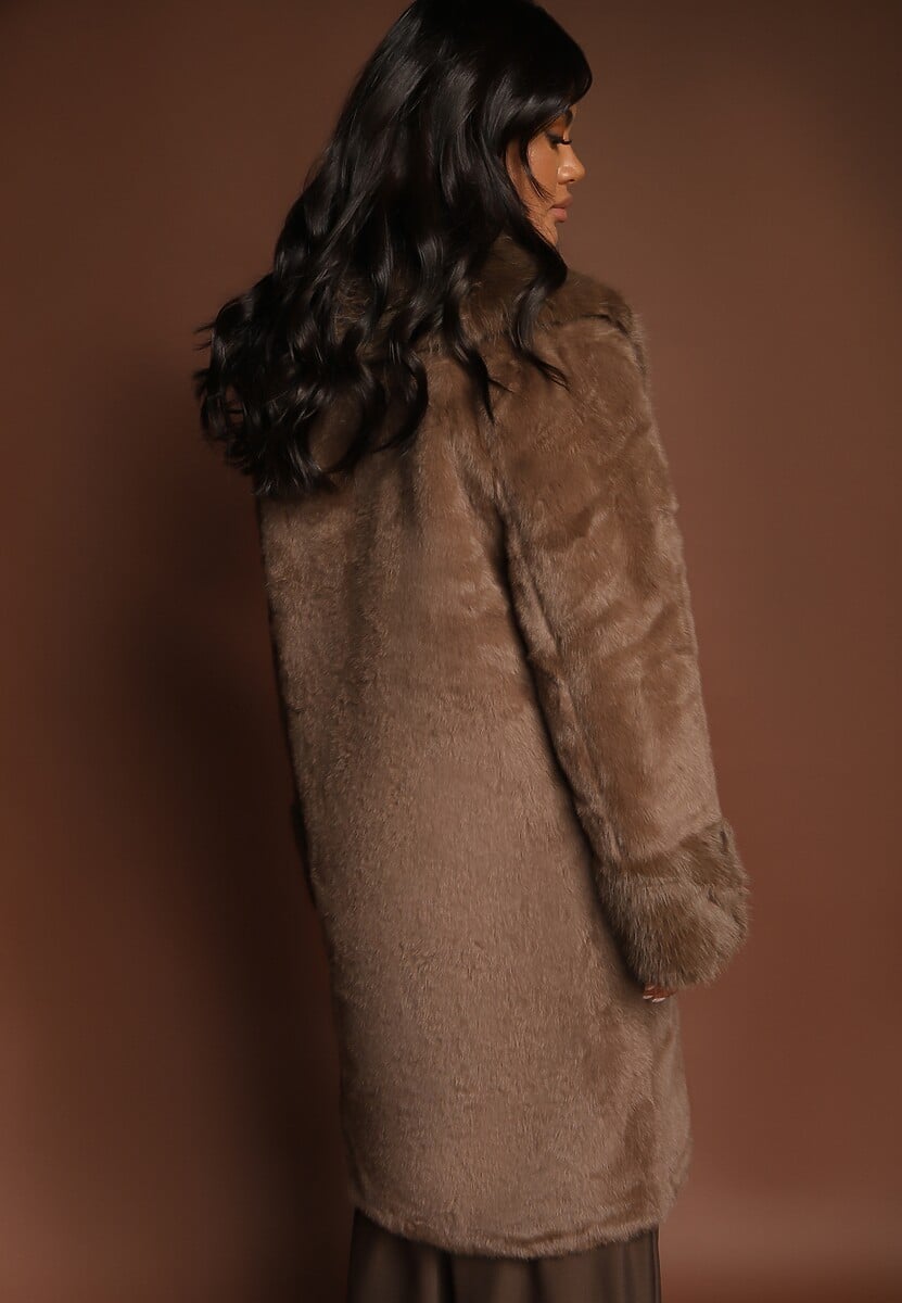 Brązowa Kurtka Futro o Długim Kroju z Wiskozą Ninnarlia