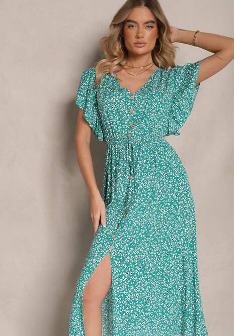 Zielona Rozkloszowana Sukienka z Bawełny z Gumką w Pasie w Drobne Kwiaty Pulinea