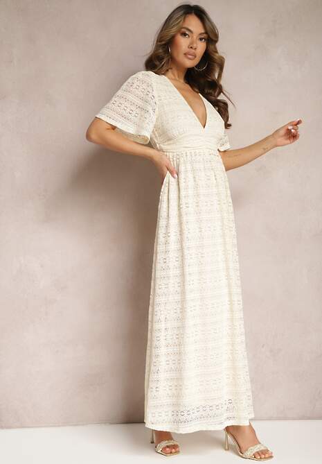 Jasnobeżowa Długa Sukienka z Ażurowej Koronki z Gumką w Talii Gemisa