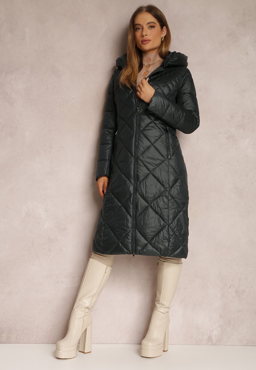 Ciemnozielona Kurtka za Kolano Pikowana Fipha