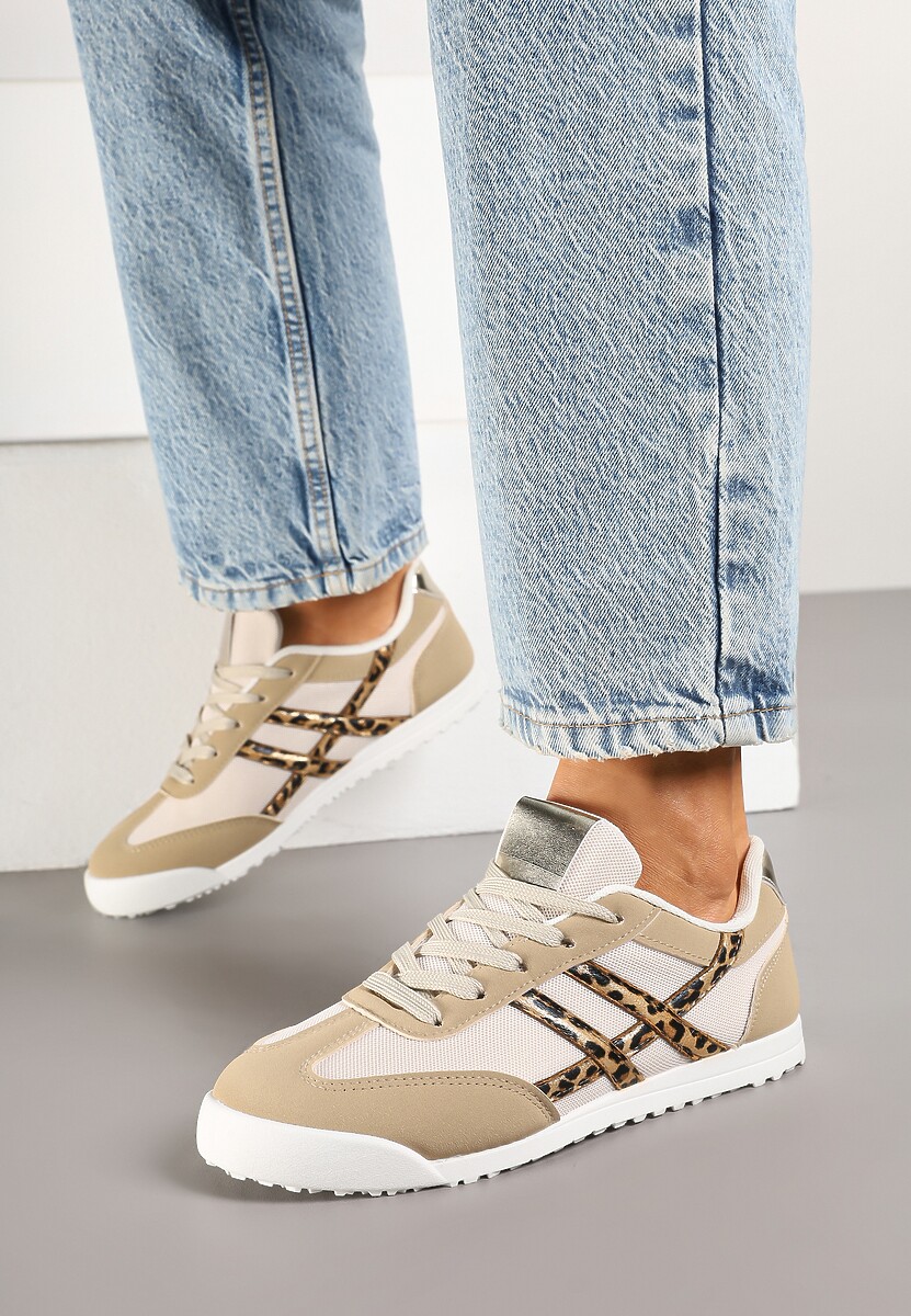 Ciemnobeżowe Sneakersy na Płaskiej Podeszwie z Geometrycznym Wzorem w Panterkę Rivmi