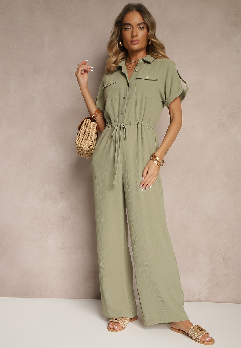 Ciemnozielony Koszulowy Kombinezon z Krótkim Rękawem Wiązany w Pasie Maraisla