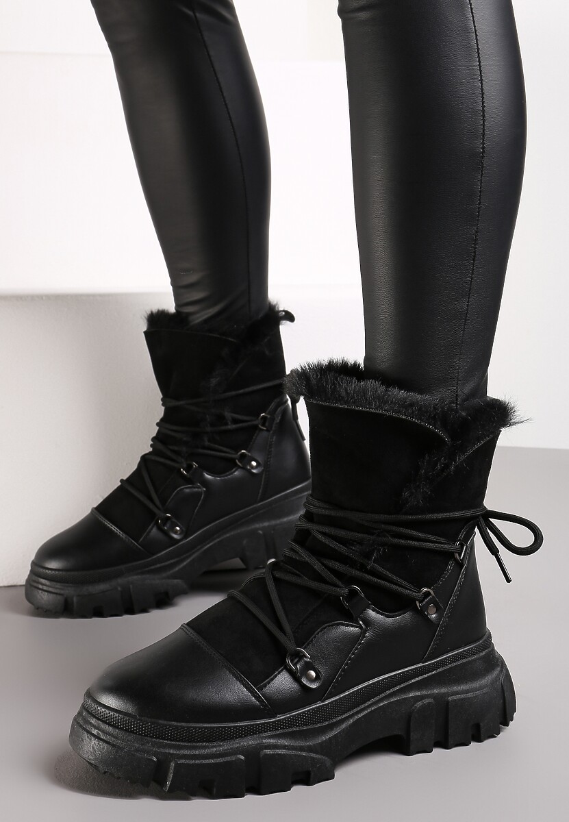 Czarne Śniegowce z Futerkiem na Platformie Bavim