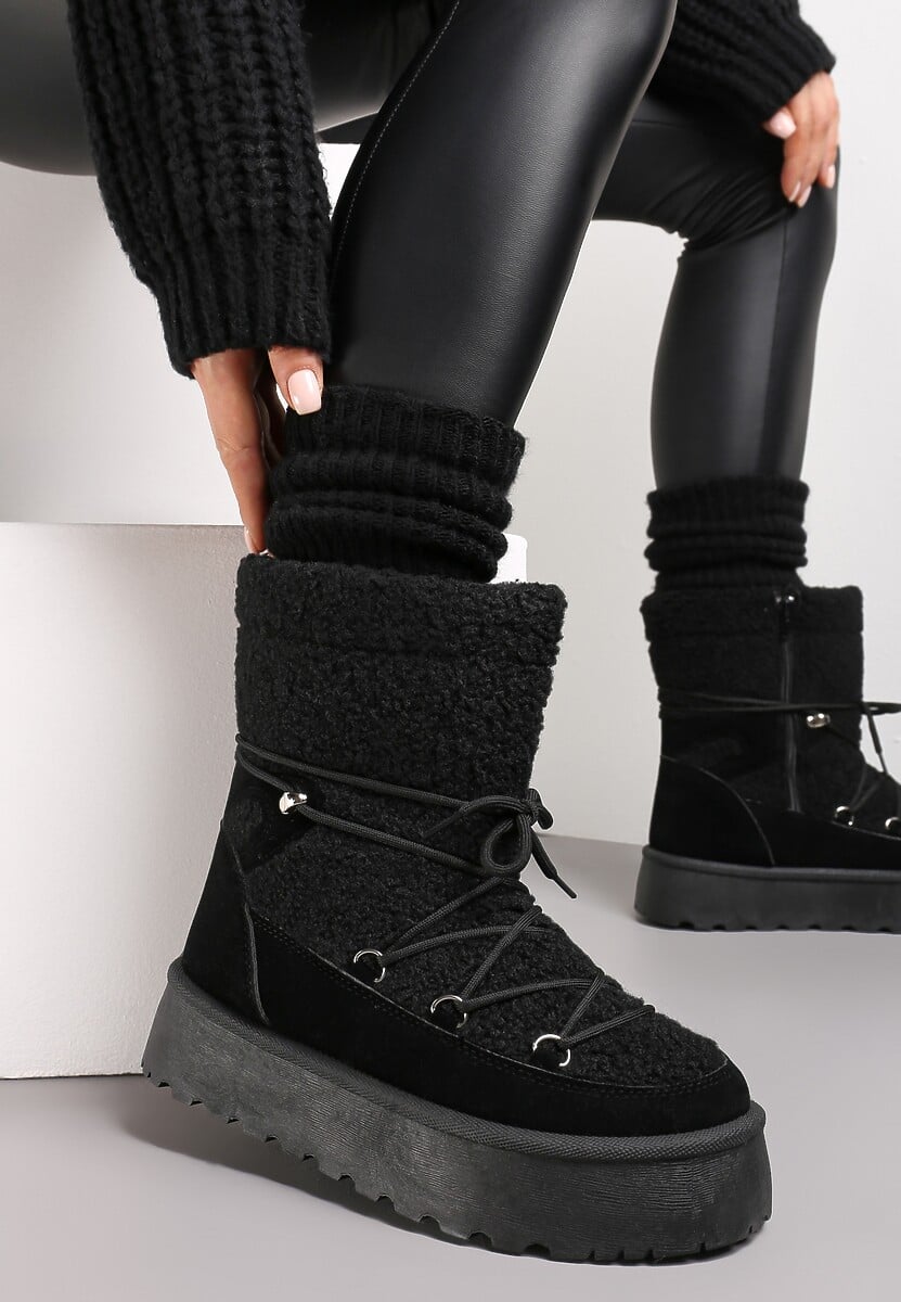 Czarne Futrzane Śniegowce na Platformie z Ozdobnym Wiązaniem Ebele