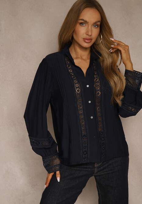 Granatowa Koszula ze Stójką i Koronką Phaeninca