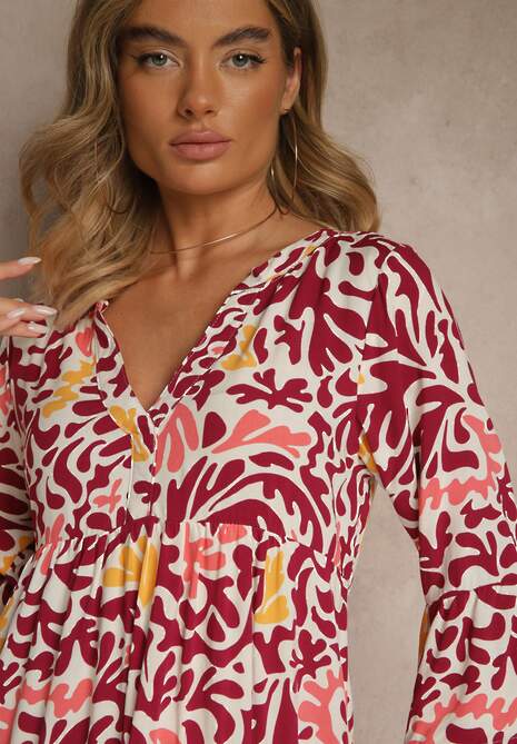 Żółto-Bordowa Sukienka z Wiskozy o Rozkloszowanym Kroju w Abstrakcyjny Wzór Lirese