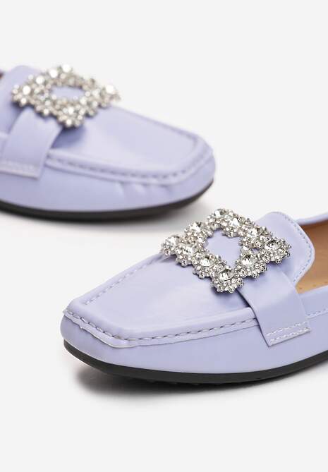 Fioletowe Płaskie Mokasyny z Kwadratowym Noskiem Ozdobionym Kryształkami Celeshta