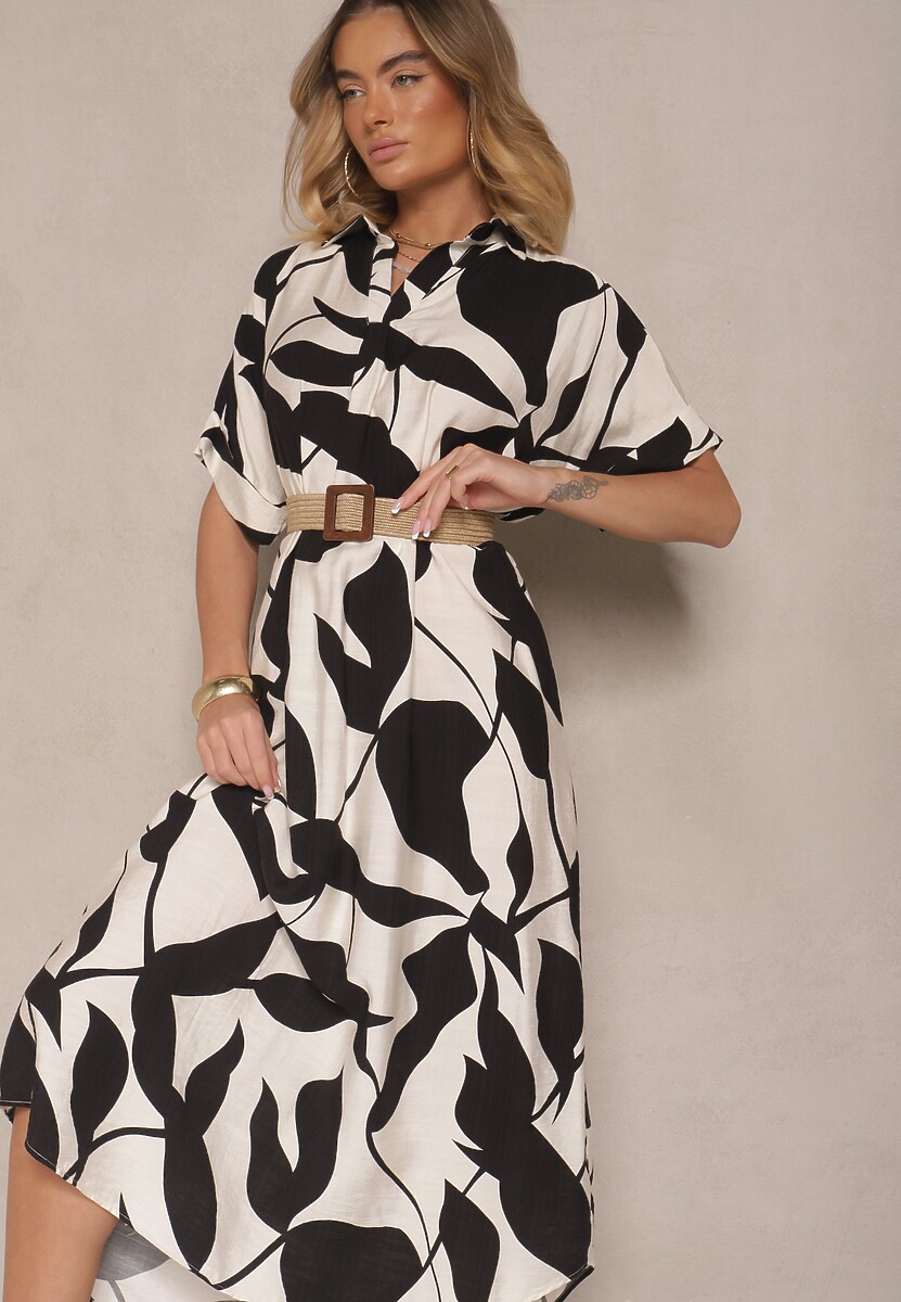 Czarna Rozkloszowana Sukienka w Abstrakcyjny Wzór z Bawełną Telianiela