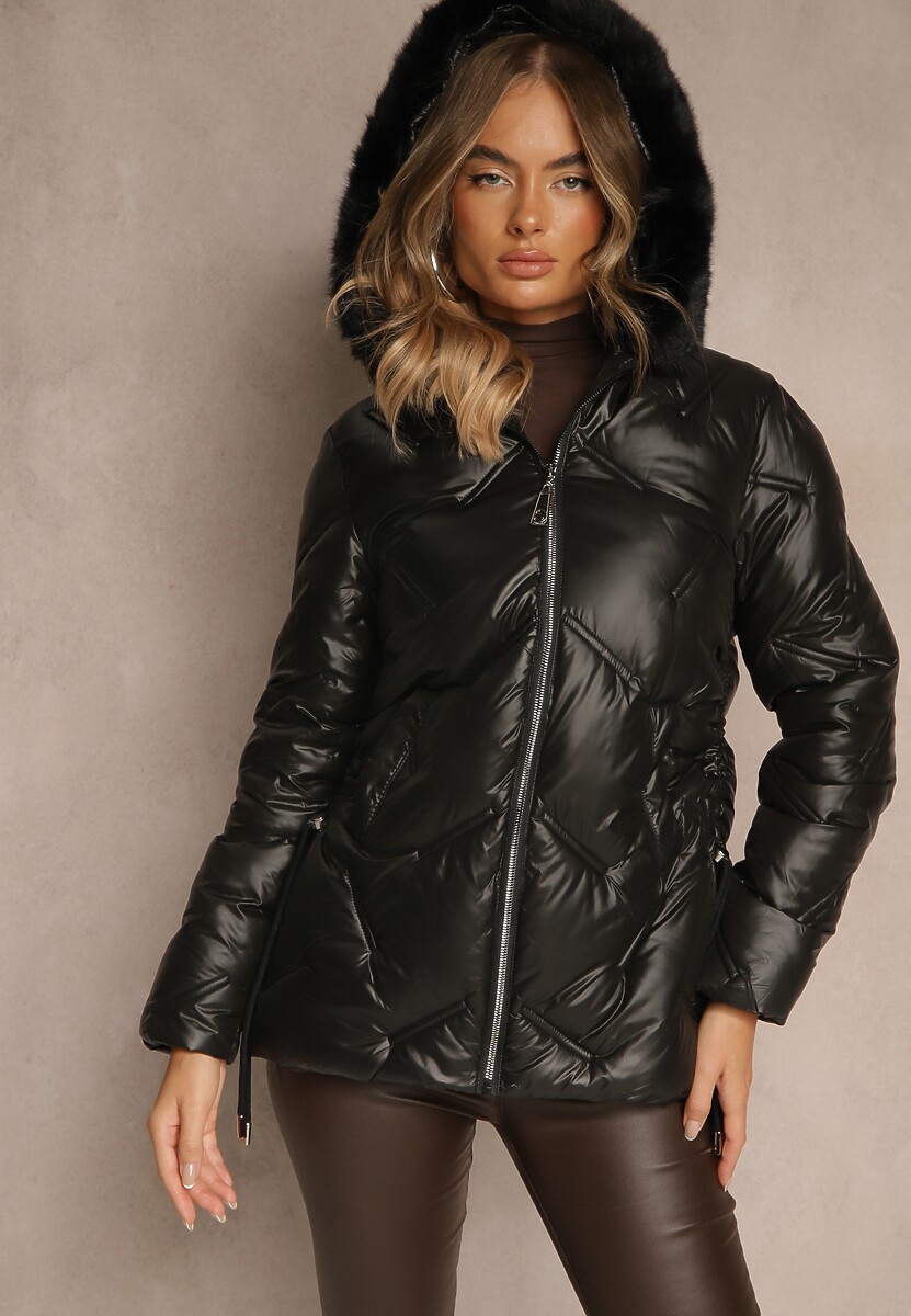 Czarna Kurtka z Ozdobnym Pikowaniem i Kapturem z Futrem Naliavea