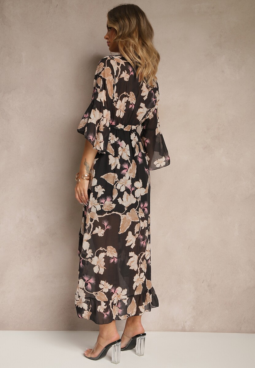 Czarna Asymetryczna Sukienka z Bawełny z Kopertowym Dekoltem i Wiązanym Paskiem Nitilira