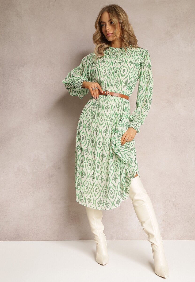 Zielona Sukienka w Etno Wzór z Paskiem i Plisowaniem Dorisia