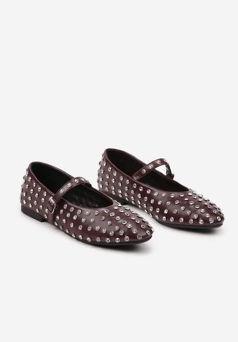 Bordowe Cyrkoniowe Balerinki na Płaskiej Podeszwie z Ozdobnym Paskiem Bararia