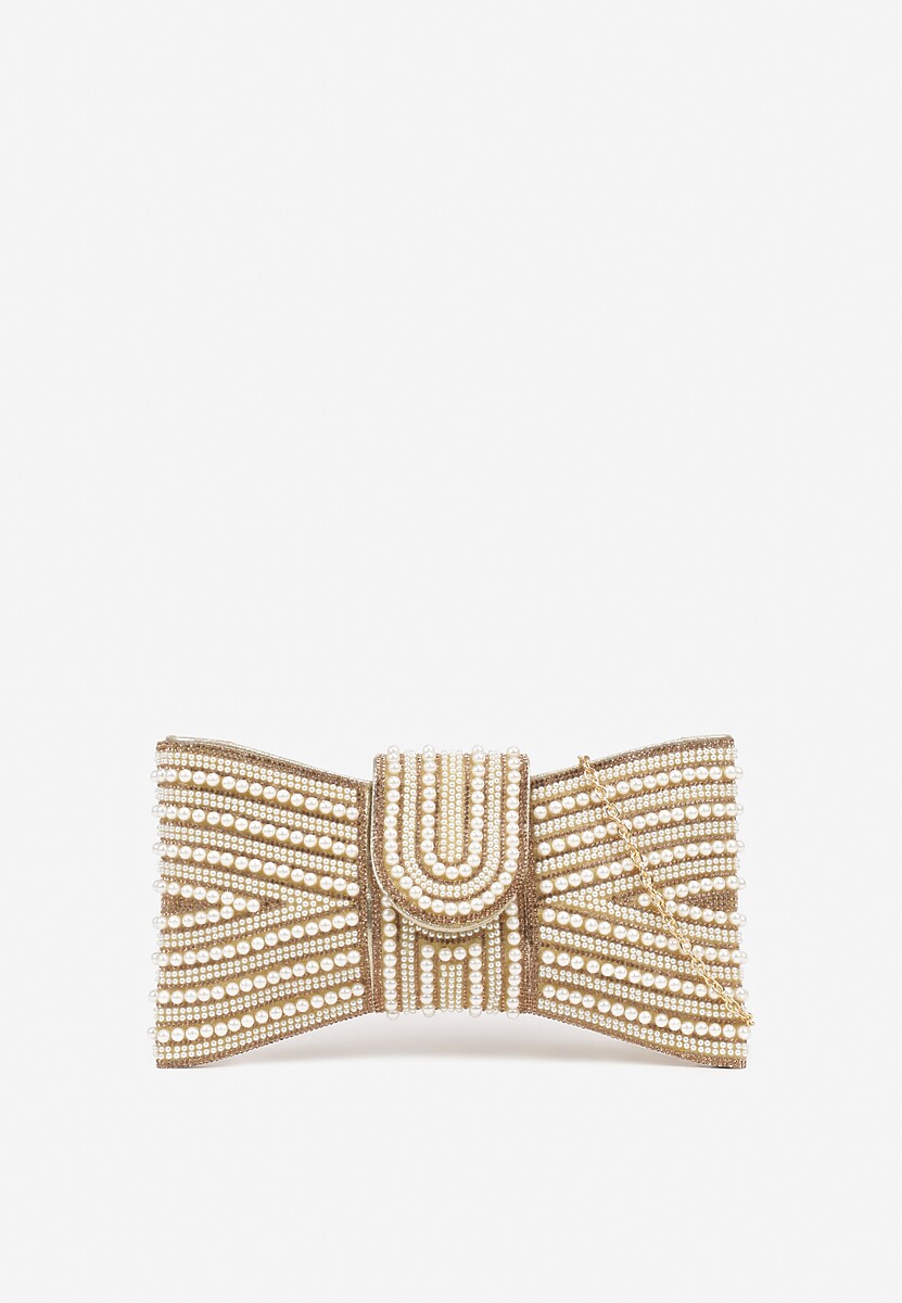 Złota Wieczorowa Torebka Vices w Kształcie Kokardy z Odpinanym Łańcuszkiem Istte