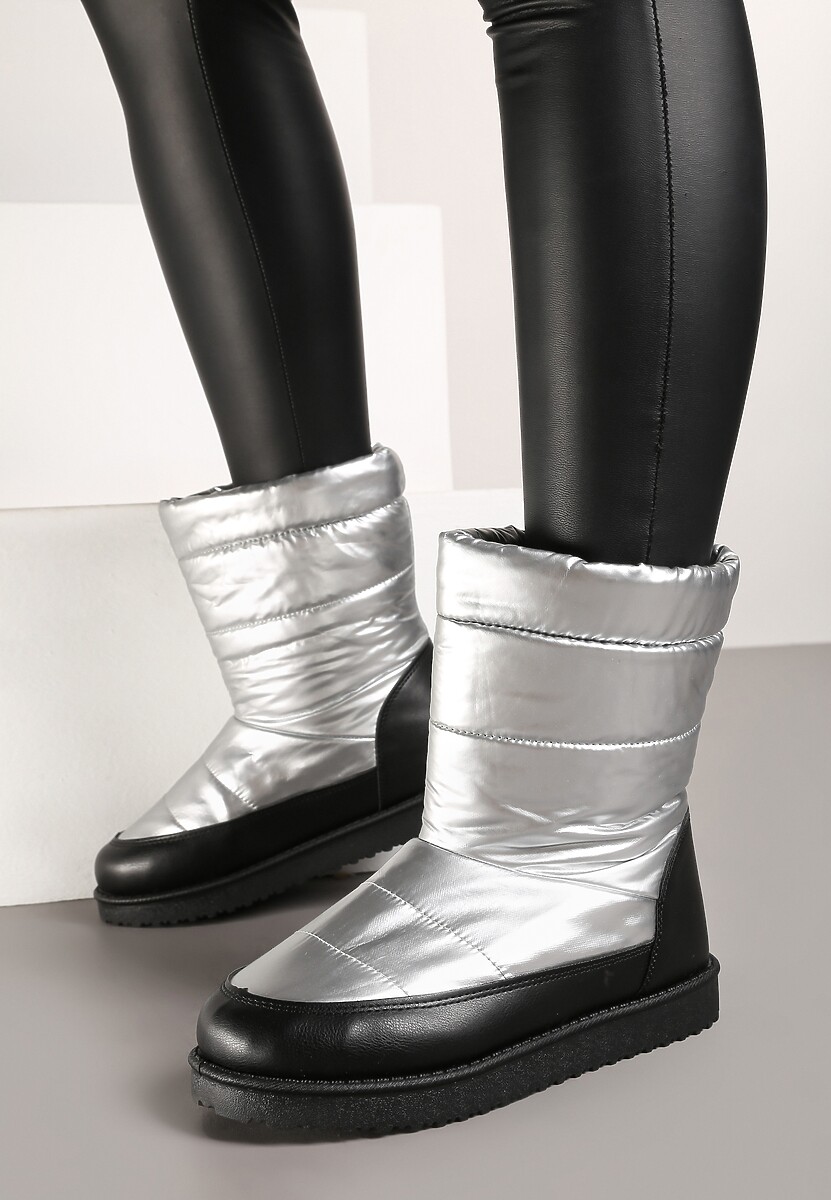 Srebrne Pikowane Śniegowce na Płaskiej Podeszwie Raviti