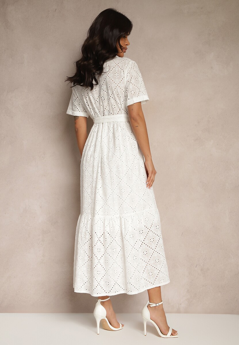 Biała Koszulowa Sukienka z Wiązanym Paskiem z Bawełnianej Tkaniny z Haftem Efrilea