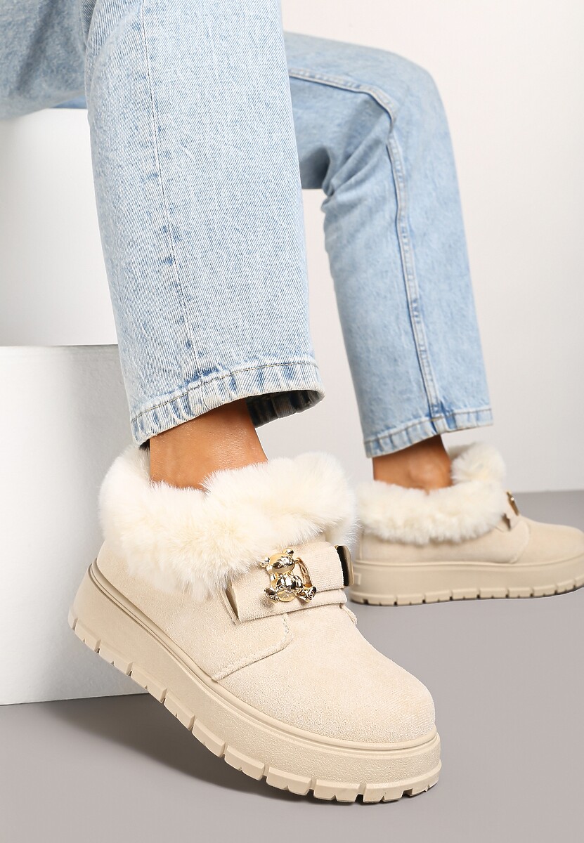 Beżowe Śniegowce na Platformie z Metaliczną Aplikacją i Klamrą Izareth