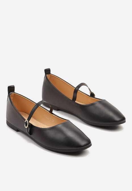 Czarne Balerinki Zapinane na Sprzączkę z Wkładką ze Skóry Derilia