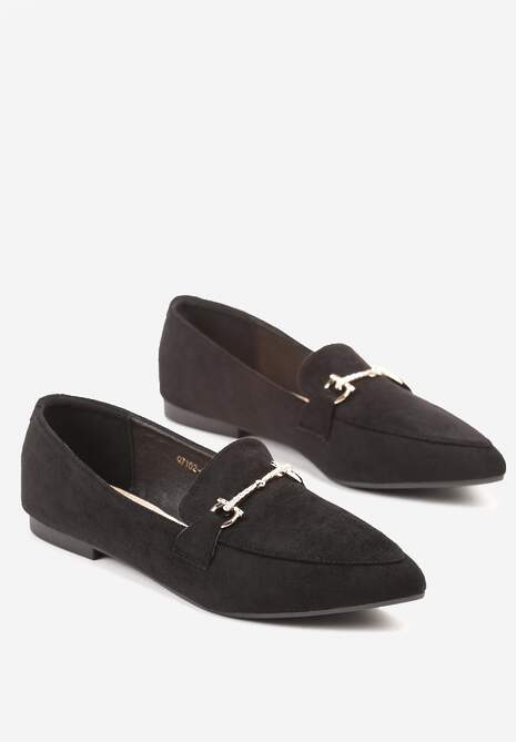 Czarne Mokasyny Vices ze Szpiczastym Noskiem Zdobione Aplikacją Rilosia