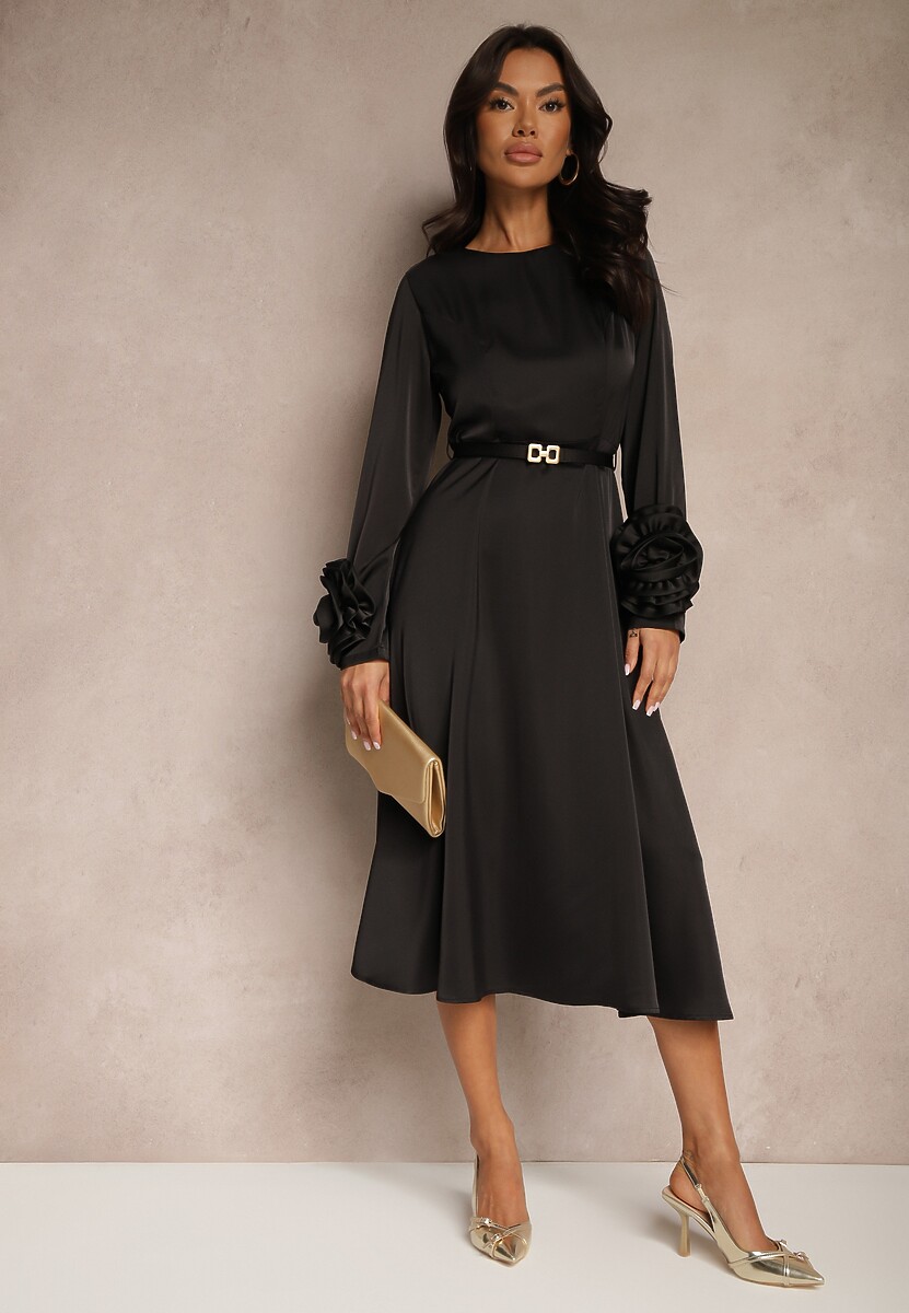 Czarna Koktajlowa Sukienka z Kwiatowymi Aplikacjami 3D na Rękawach i Paskiem Temiraia