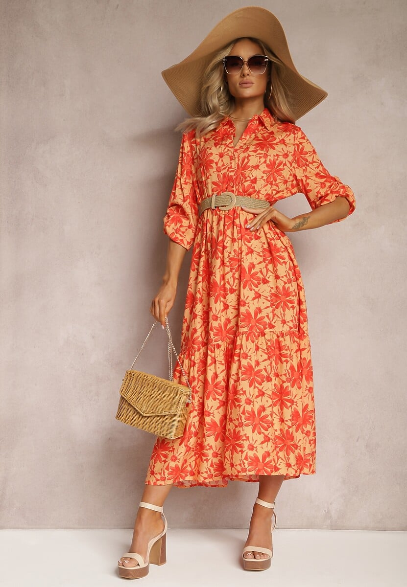 Pomarańczowa Rozkoszowana Sukienka z Koszulową Górą i Wzorem w Kwiaty Nealavin