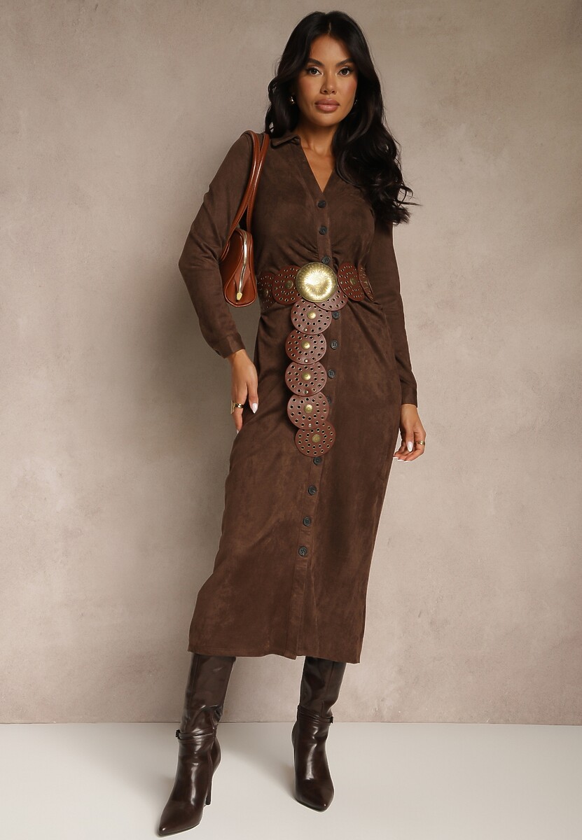 Brązowa Marszczona Sukienka z Imitacji Zamszu o Koszulowym Kroju Esora