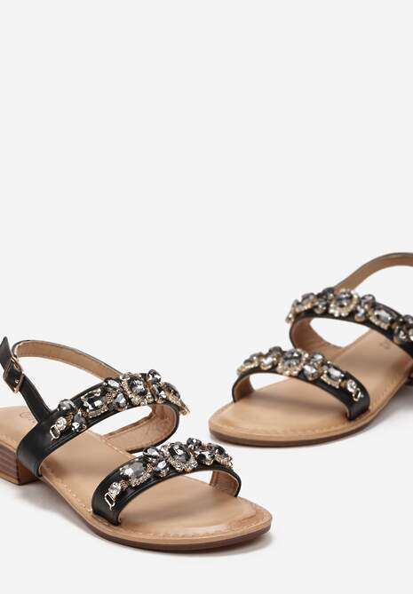 Czarne Sandały z Kolorowymi Kryształkami i Płaską Podeszwą Dcantha