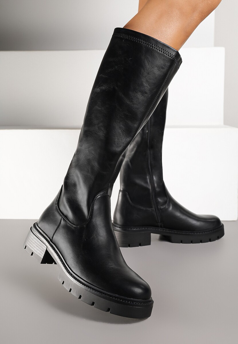 Czarne Kozaki z Gładką Cholewką w Minimalistycznym Stylu Acordia