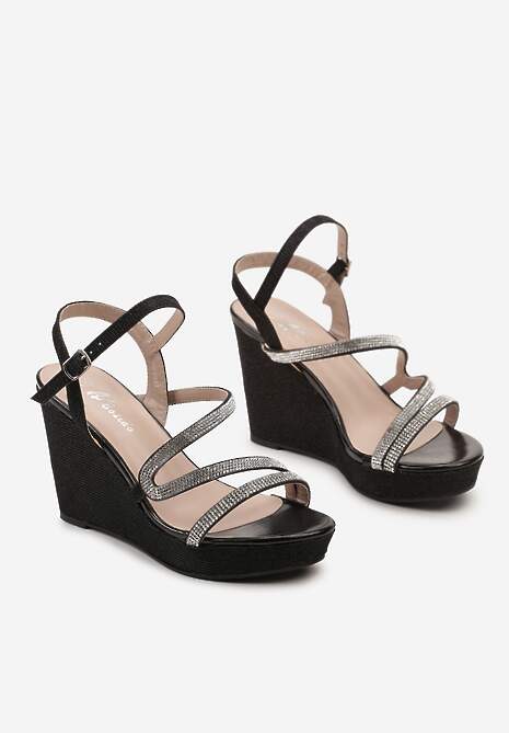 Czarne Sandały na Koturnie z Brokatem i Cyrkoniami oraz Sprzączką Jottima