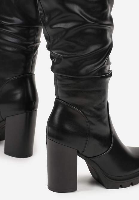 Czarne Kozaki do Kolana z Marszczoną Cholewką i Obcasem Typu Słupek Netalea