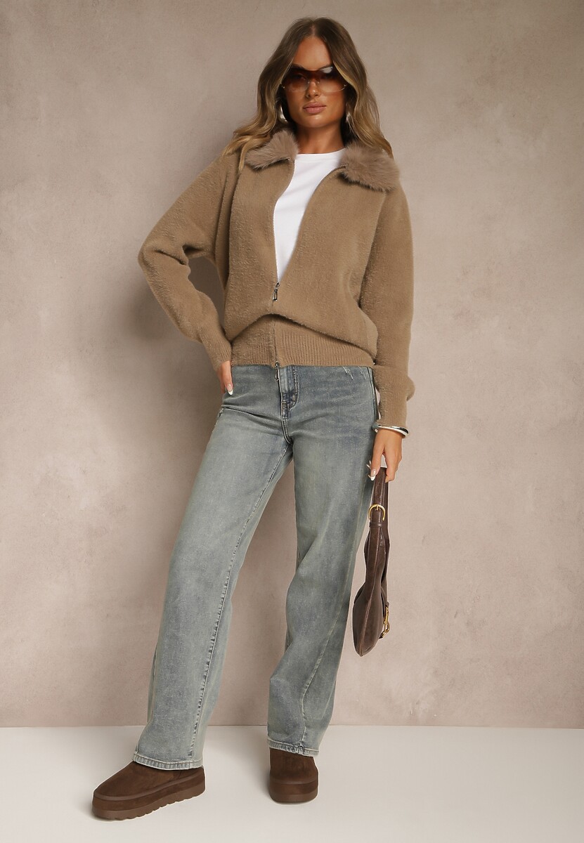 Ciemnobeżowy Zasuwany Kardigan z Wełną z Futerkowym Kołnierzem Asiste