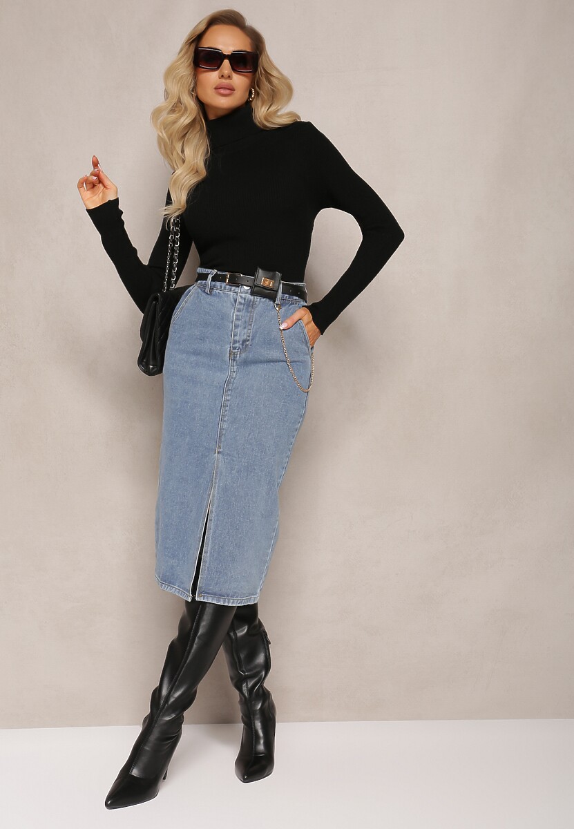 Niebieska Ołówkowa Spódnica Jeansowa z Rozcięciem i Paskiem z Saszetką Misitra