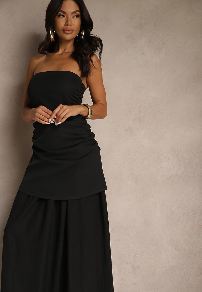 Czarna Sukienka Koktajlowa z Dekoltem Bandeau Ozdobiona Marszczeniem Folimmea