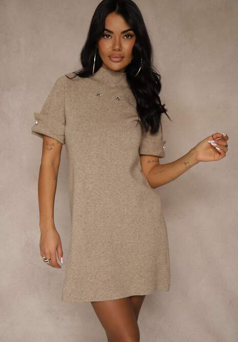 Beżowa Sukienka Sweterkowa o Trapezowym Kroju z Perełkami Liatusea