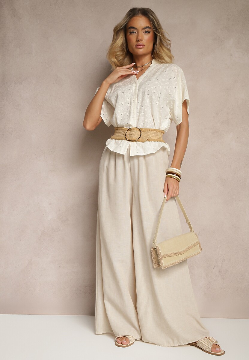 Ciemnobeżowa Koszula z Bawełny Ozdobiona Haftem Teladwenna