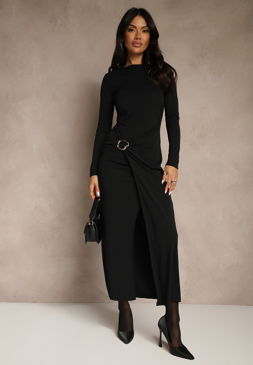 Bordowa Elegancka Sukienka Zdobiona Marszczeniem i Metaliczną Aplikacją Raselia