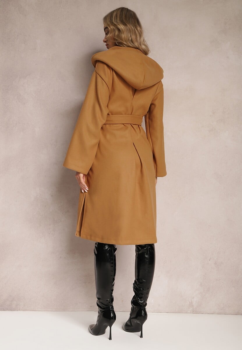 Beżowy Płaszcz z Kapturem Wiązany w Pasie Kalni
