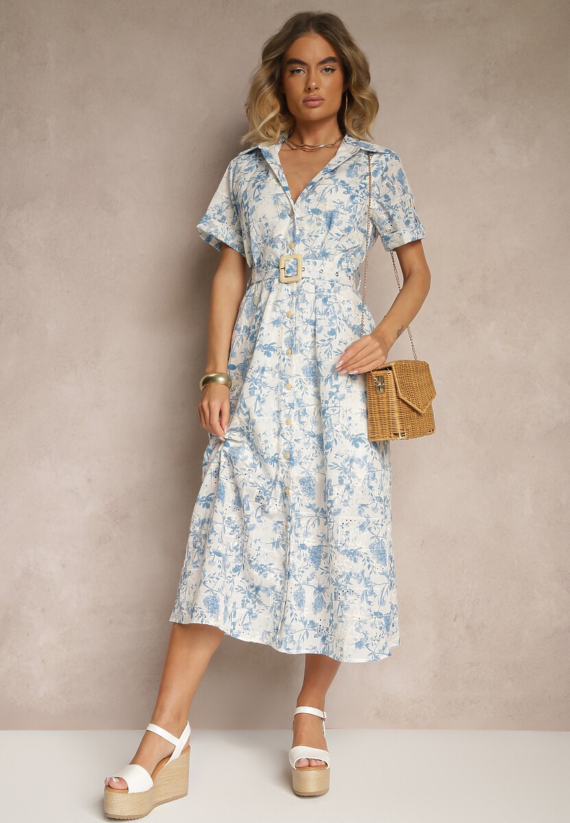 Jasnoniebieska Koszulowa Sukienka Zdobiona Haftem i Paskiem z Klamrą Redisina