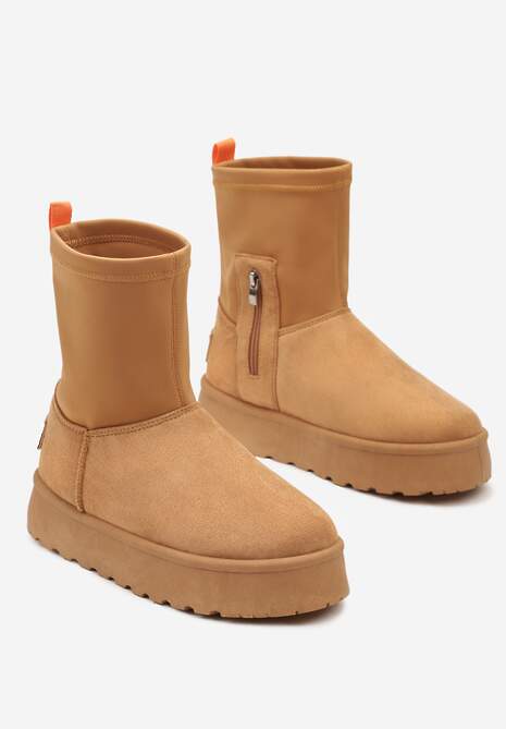 Brązowe Płaskie Ocieplane Śniegowce z Elastyczną Cholewką Sevidia