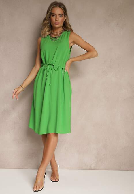 Zielona Sukienka z Wiskozy Ozdobiona Paskiem Ralanisse