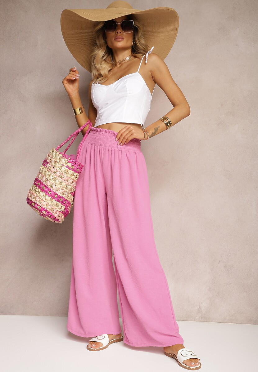 Różowe Spodnie High Waist z Szerokimi Nogawkami i Gumką w Pasie Risabessa