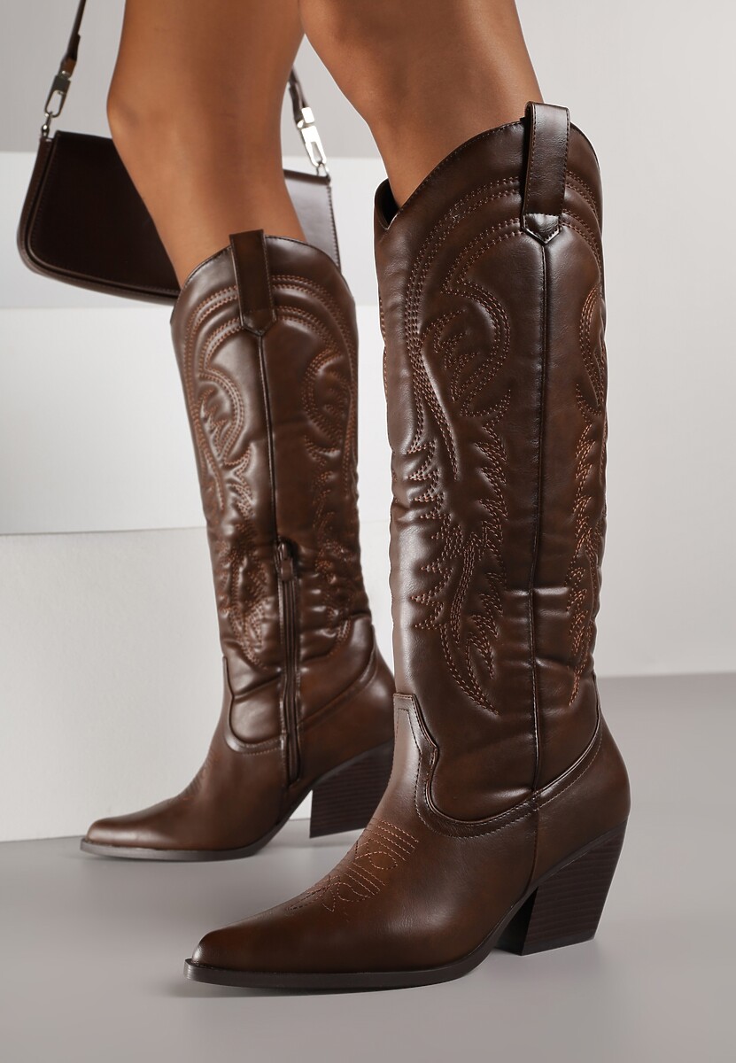 Brązowe Kozaki Kowbojki na Stożkowym Obcasie Zdobione Przeszyciami Lumifera