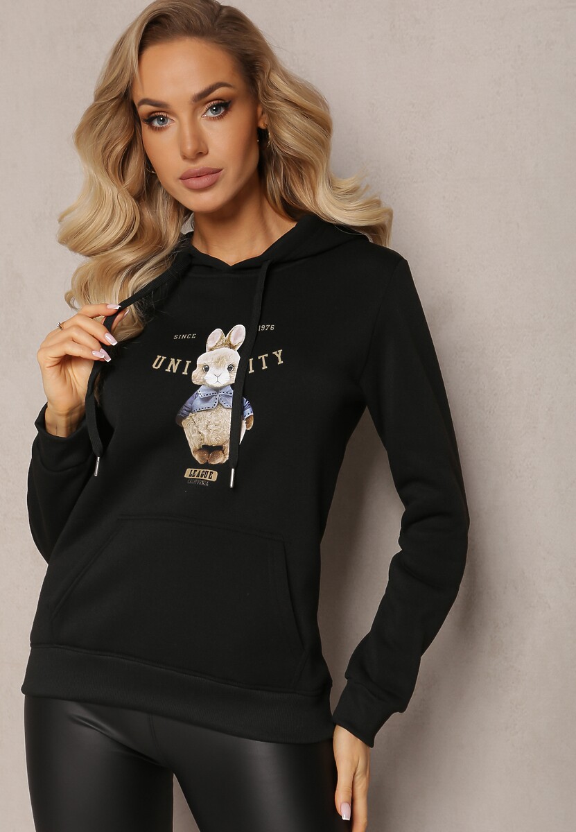 Czarna Ocieplana Bluza z Ozdobnym Nadrukiem i Kapturem Hitee