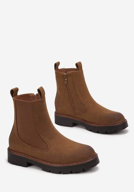 Brązowe Sztyblety Botki z Imitacji Zamszu na Grubej Podeszwie Sarel